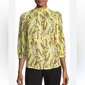 WORTHINGTON Yellow Floral Leaf Print Popover Blouse Ruffled Neck Top Petite